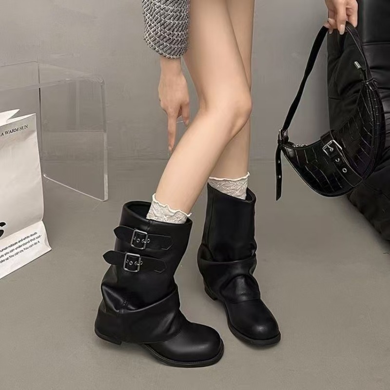 No Show Sock Women - Dames zwarte slouchy mid-calf laarzen met