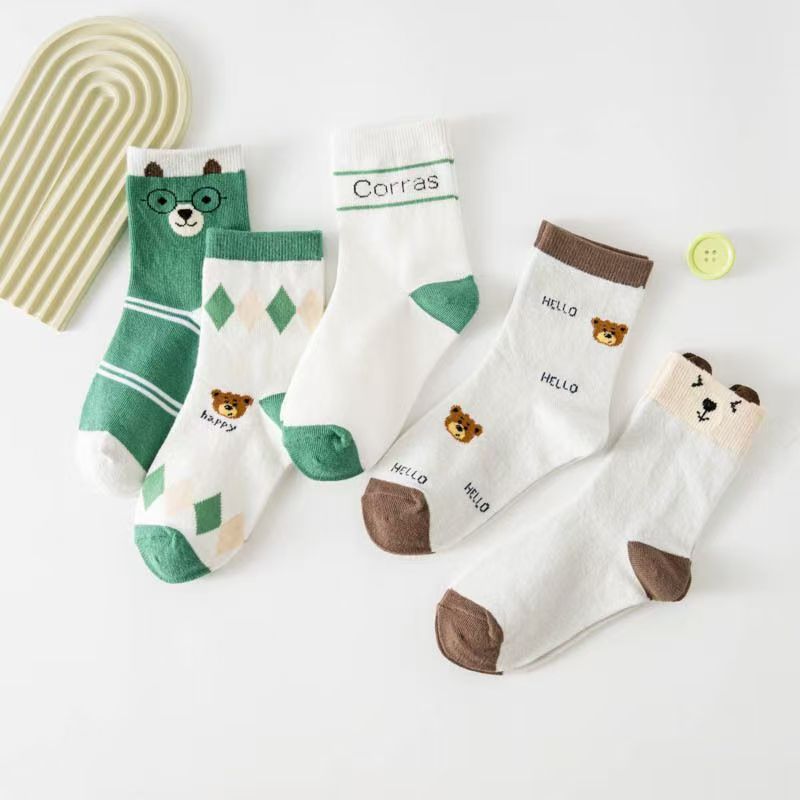Cotton Crew Sock Pack - 5-pack katoenen sokken met cartoon berenpatroon